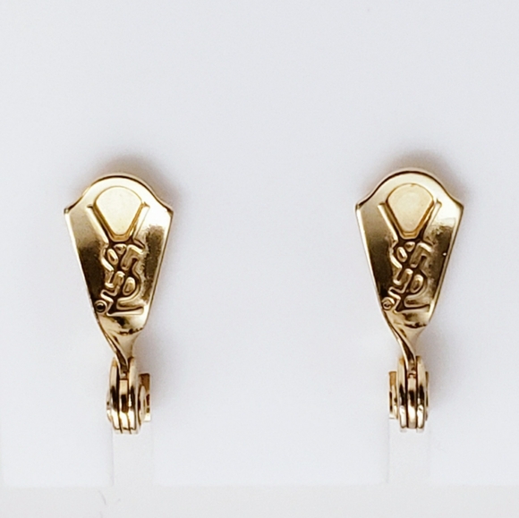 Yves Saint Laurent YSL Saphire Glass Cabachon Earrings with Rhinestone Gold Tone - Picture 5 of 7
